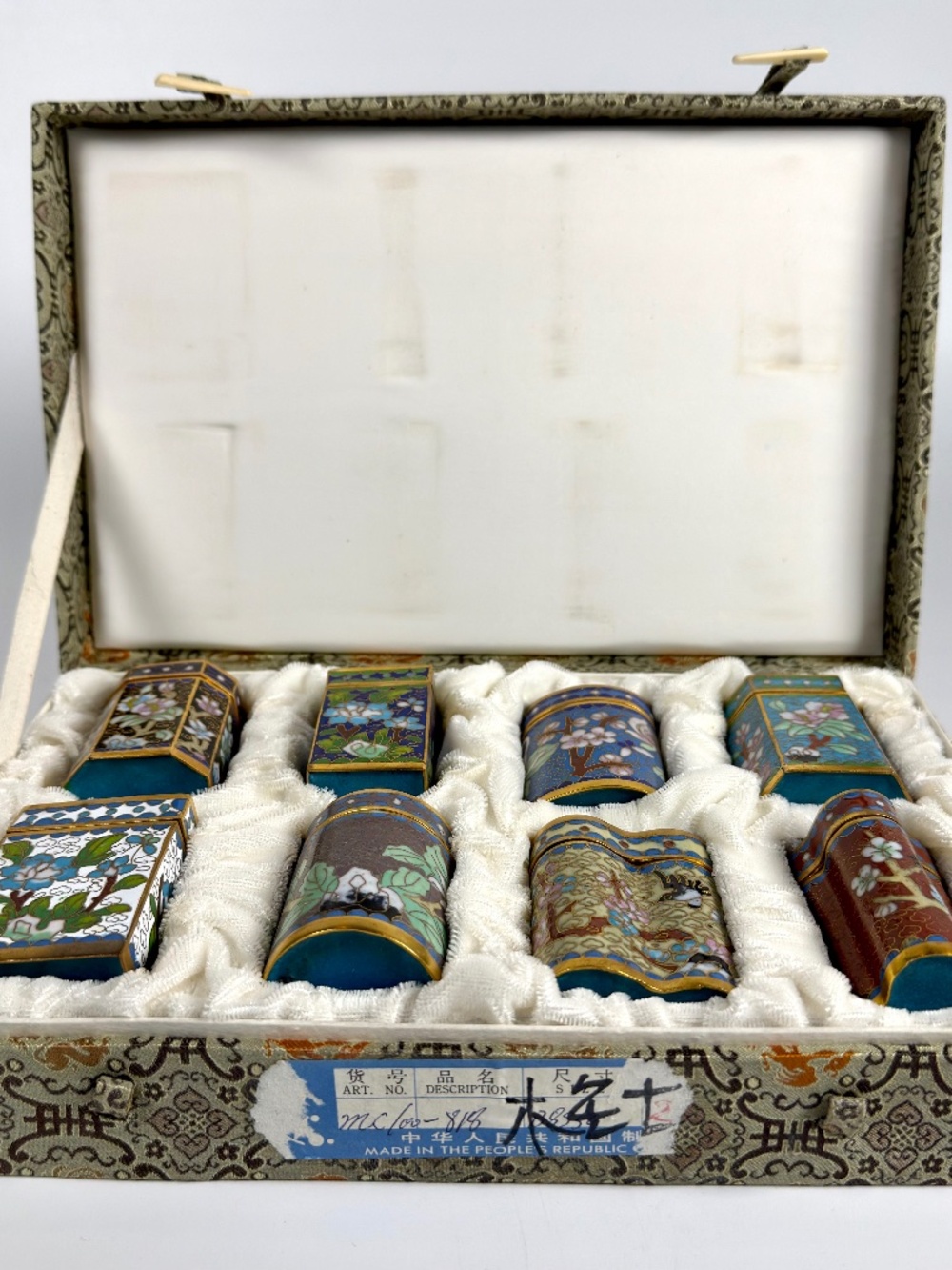 Vintage Chinese Cloisonné Small Canister Jar Set - 8 canisters w/ Original Box